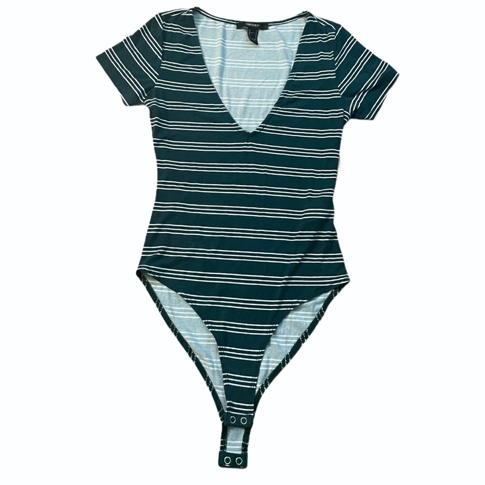 green and white striped bodysuit